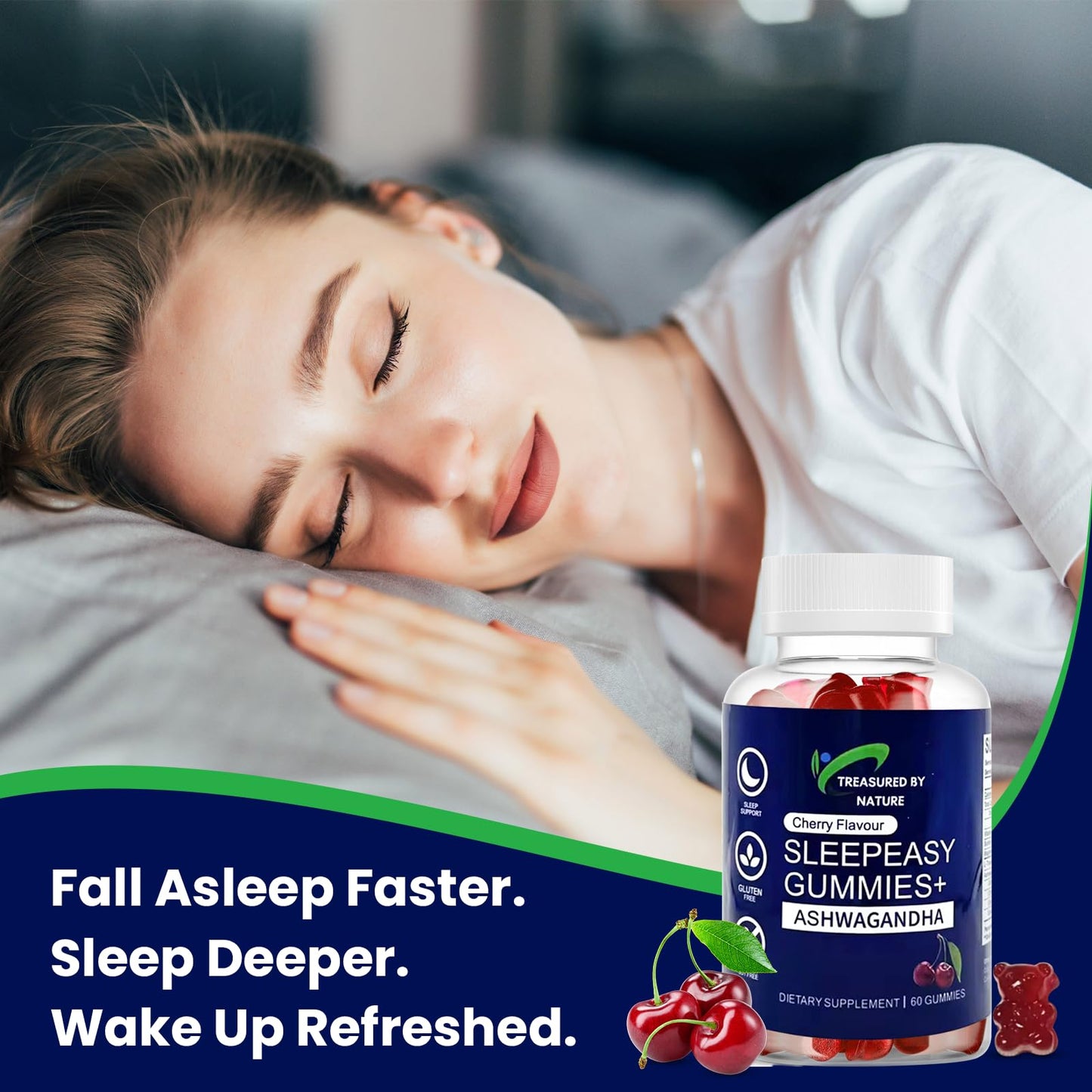 Treasured by Nature Sleep Easy Gummies Melatonin-Free Nighttime Relaxation Aid with Ashwagandha, Magnesium Citrate & L-Theanine Calming Stress Relief Supplement 60 Count