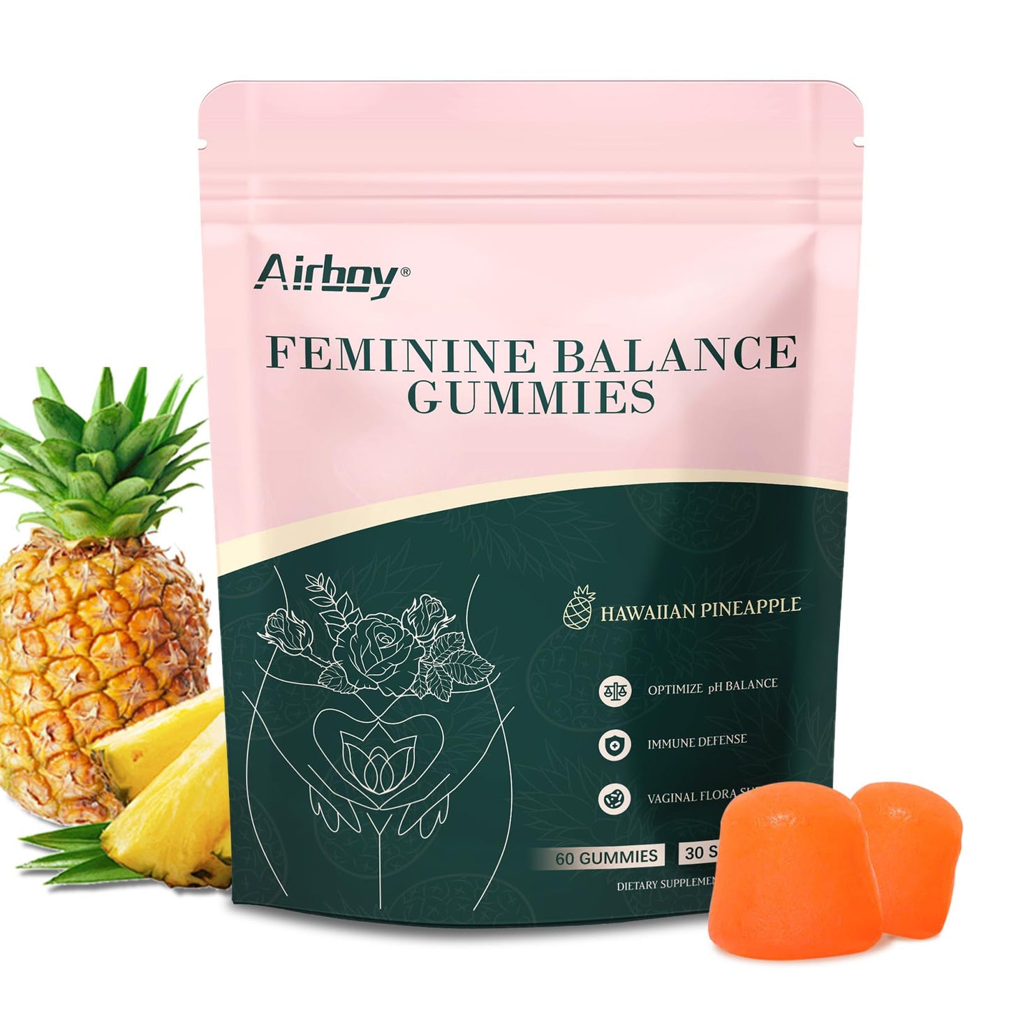 Airboy Vaginal Probiotic Gummies for Women, Pineapple Flavor, 60 Gummies
