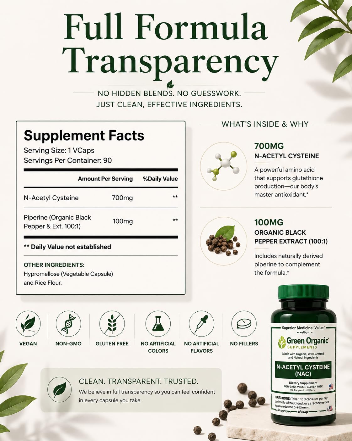 Green Organic Supplements N-Acetyl Cysteine (NAC) Capsules 180