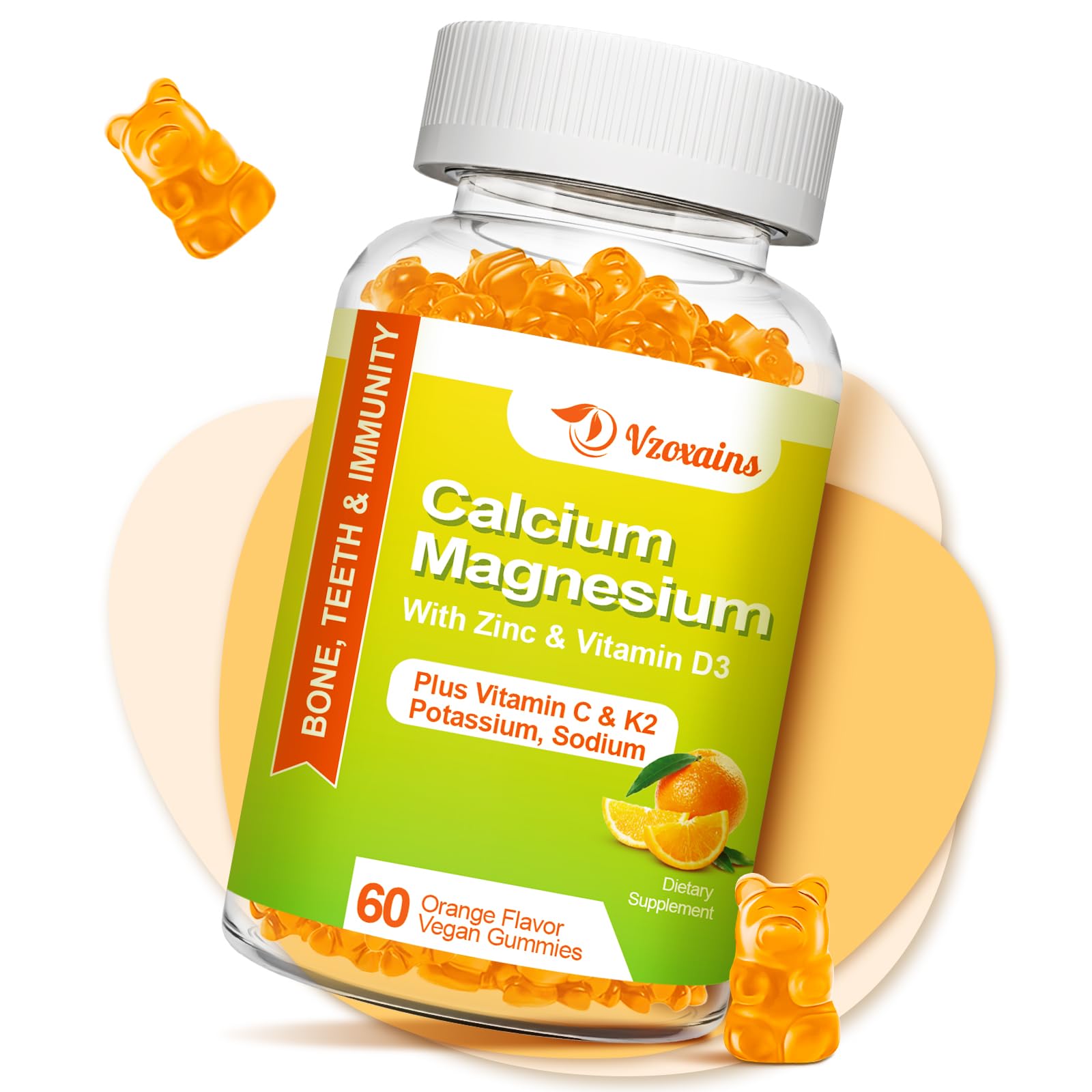 VZOXAINS Calcium Gummies, Sugar Free with Magnesium, Potassium & Vitamin D3, Vegan Orange Flavor, 60 Gummies