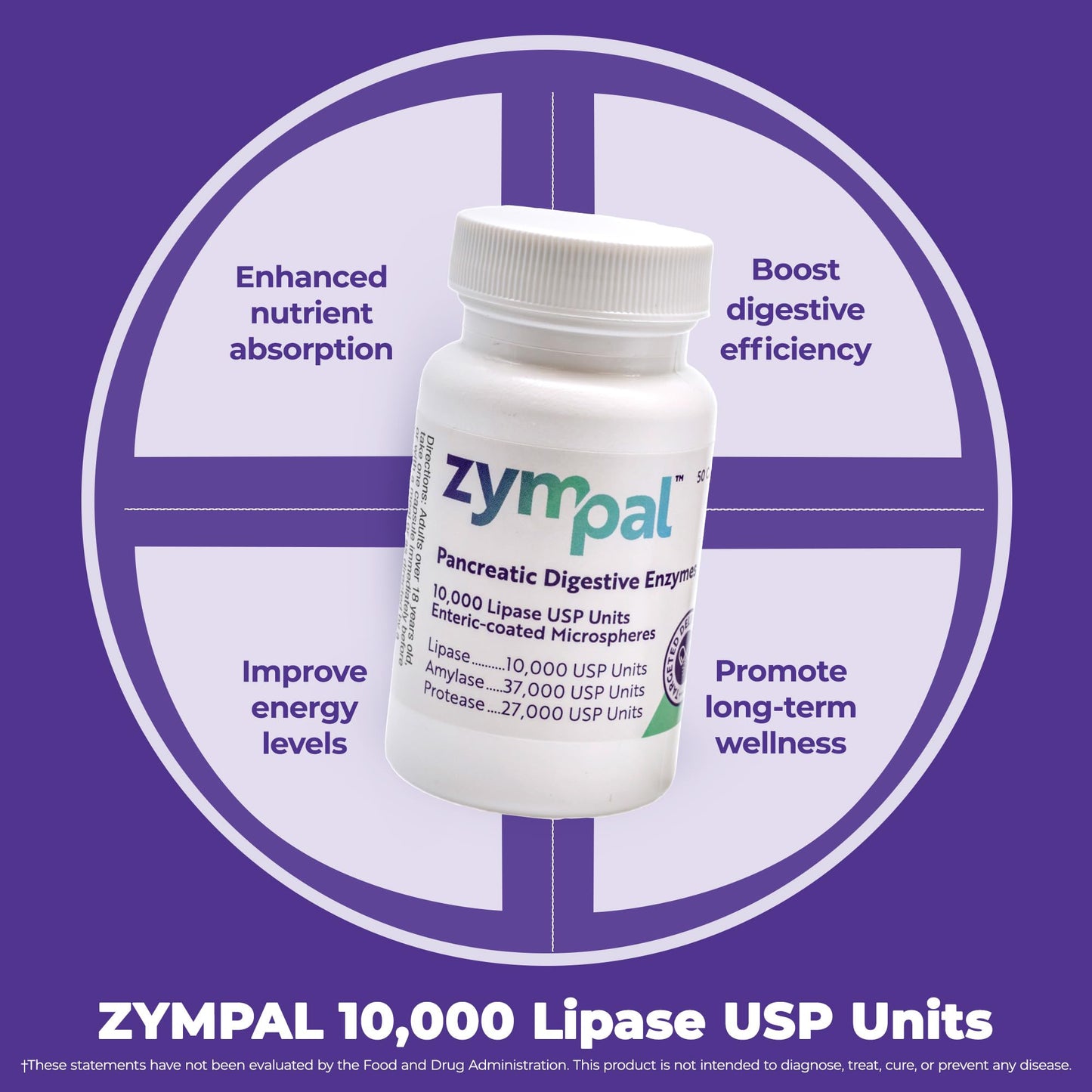 ZYMPAL Digestive Enzymes 10,000 Lipase USP Units Capsule 50 Count