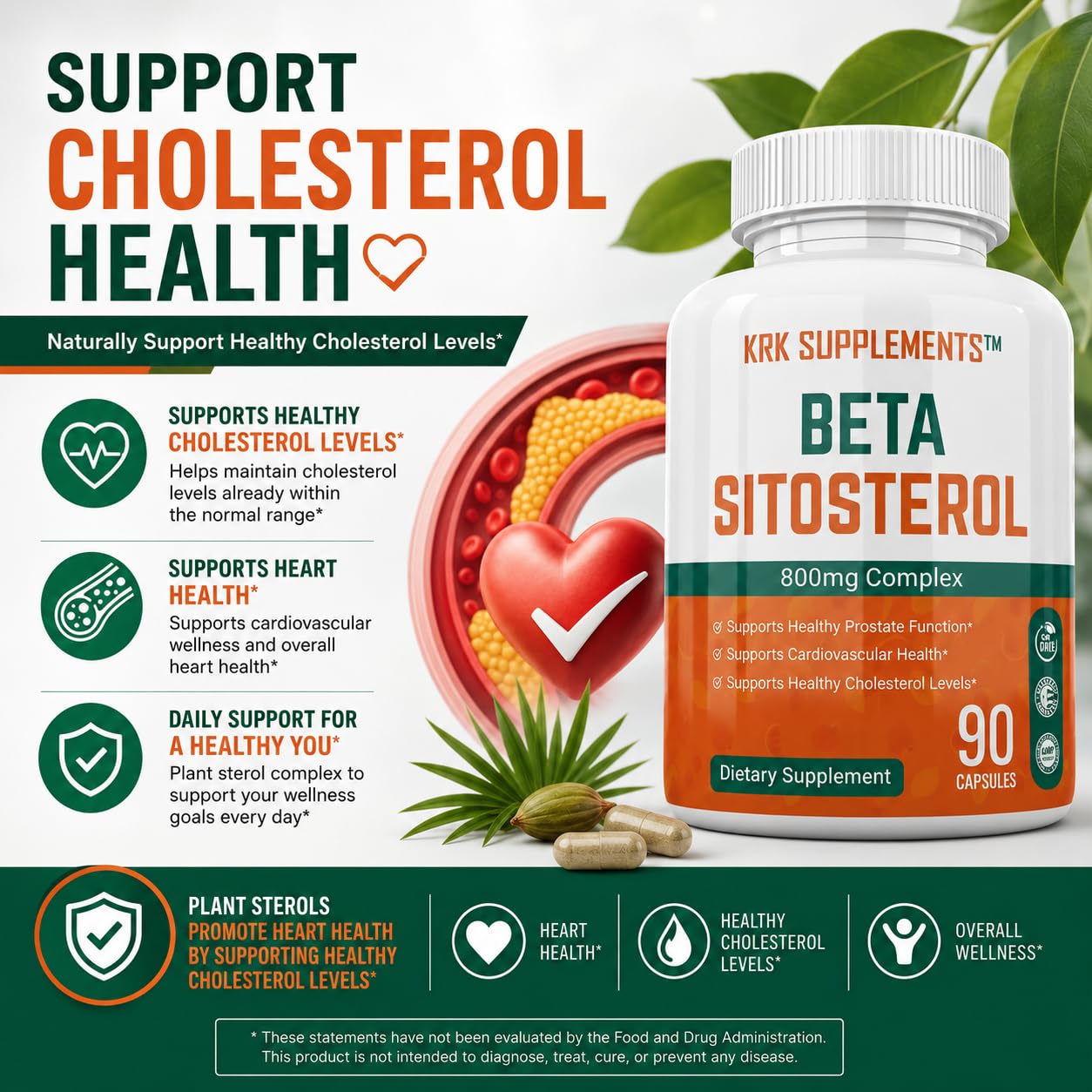 KRK SUPPLEMENTS Beta Sitosterol 800mg Per Serving Prostate Support Capsule, 180 Capsules