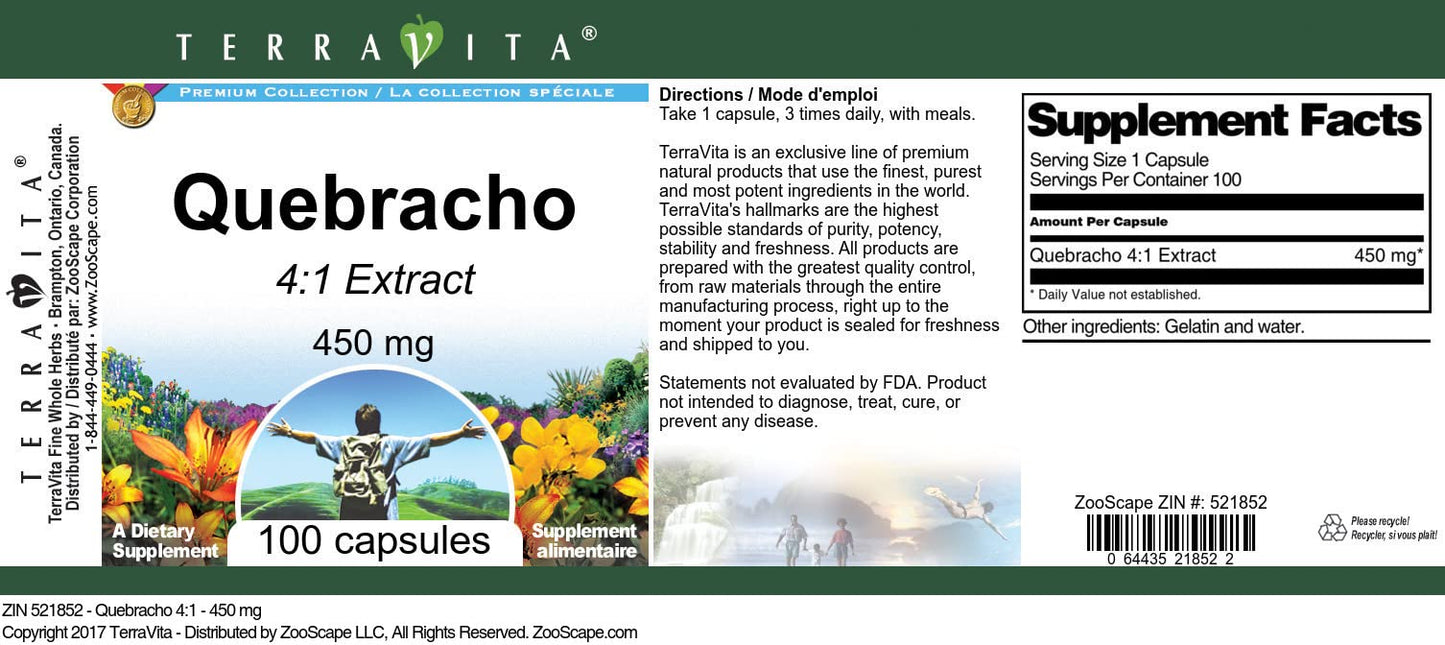 Terravita Quebracho 4:1-450 mg Capsules 100 Count