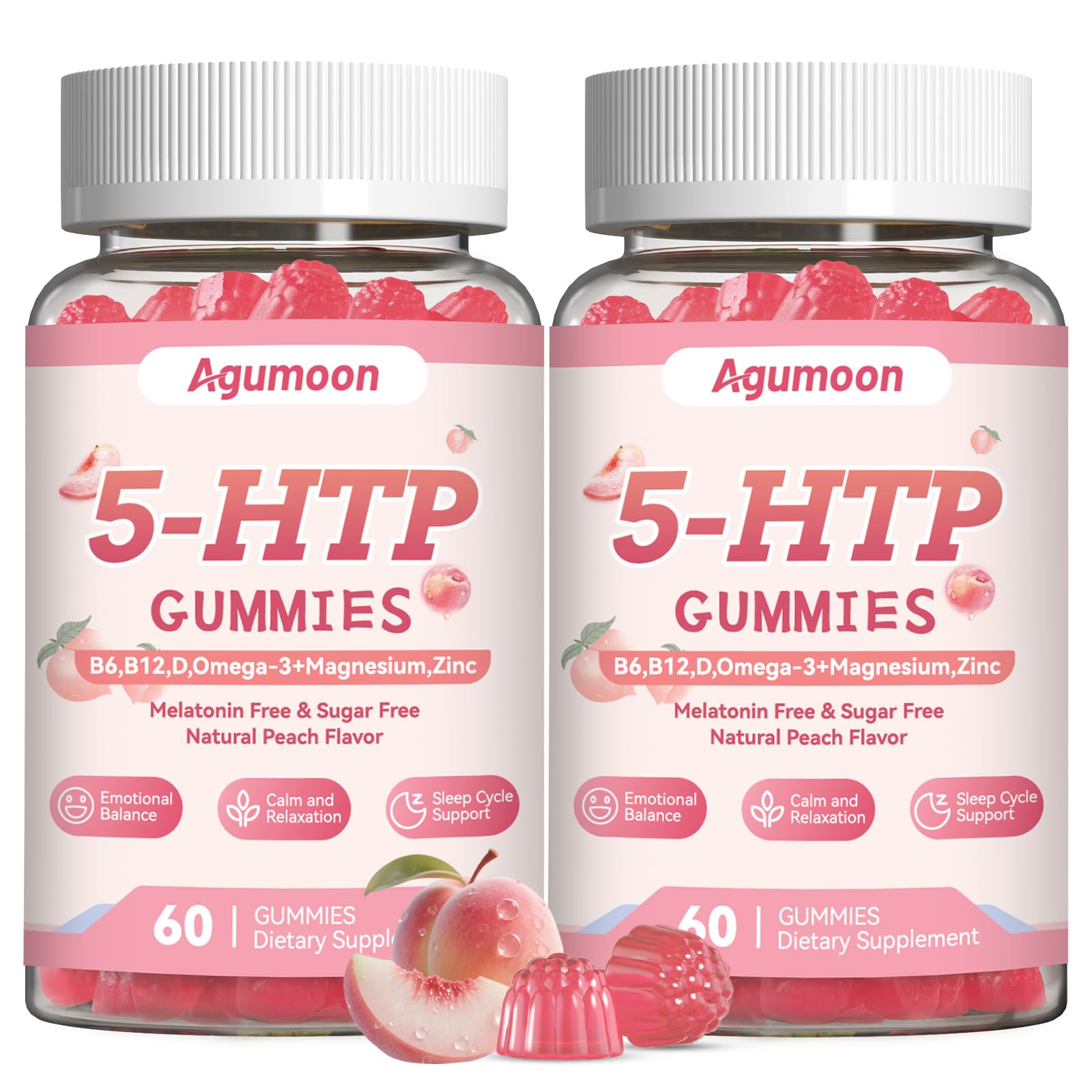 Agumoon 5-HTP with Vitamin D3, B6, B12, Zinc, Omega-3, Magnesium Glycinate, 120 Gummies