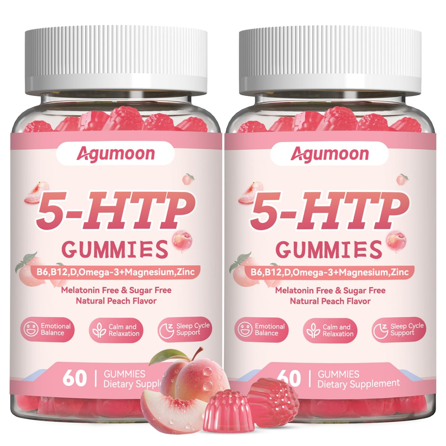 Agumoon 5HTP Gummies for Adults & Kids with Vitamin D3, B6, B12 & Zinc, Omega-3, Magnesium Glycinate for Sleep Support, Brain & Muscle Relax, 120 Count