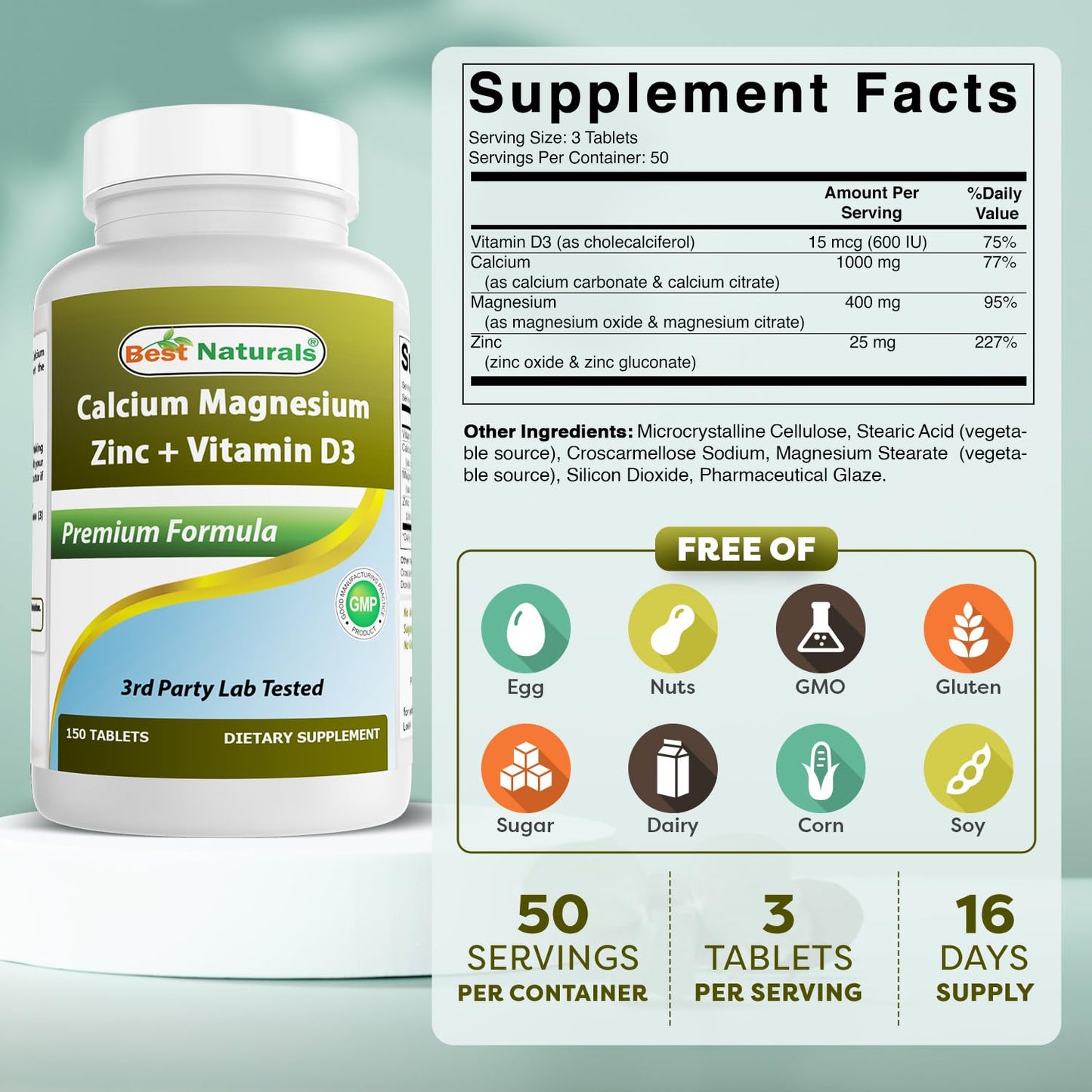 Best Naturals Calcium Magnesium Zinc with Vitamin D3, 150 Tablets
