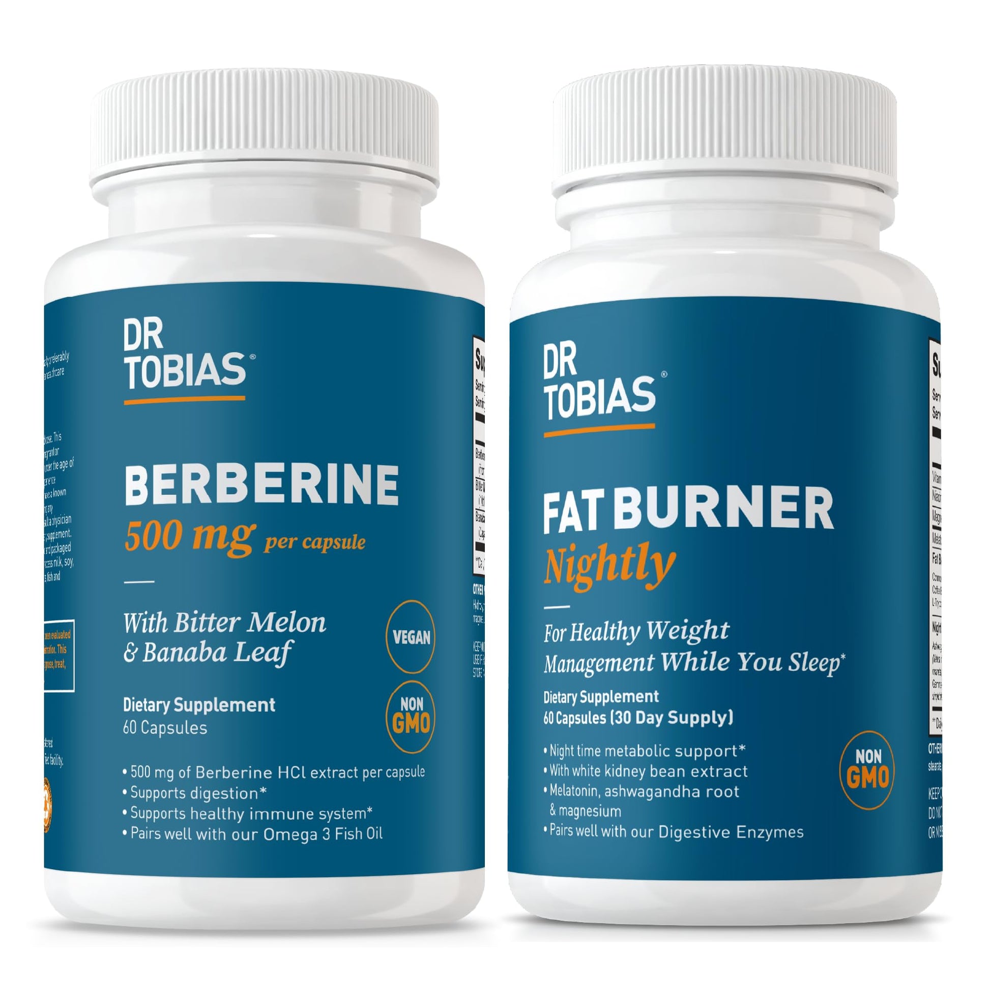 Dr. Tobias Berberine 500 mg & Fat Burner Nightly with White Kidney Bean & Ashwagandha Capsules, 120 Count