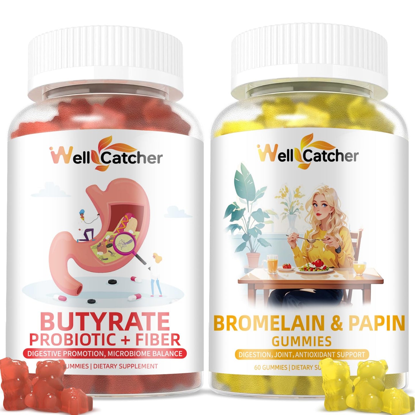 Wellcatcher Gut Health Gummies, Bromelain Papain Enzyme & Butyrate Gummies, 120 Count