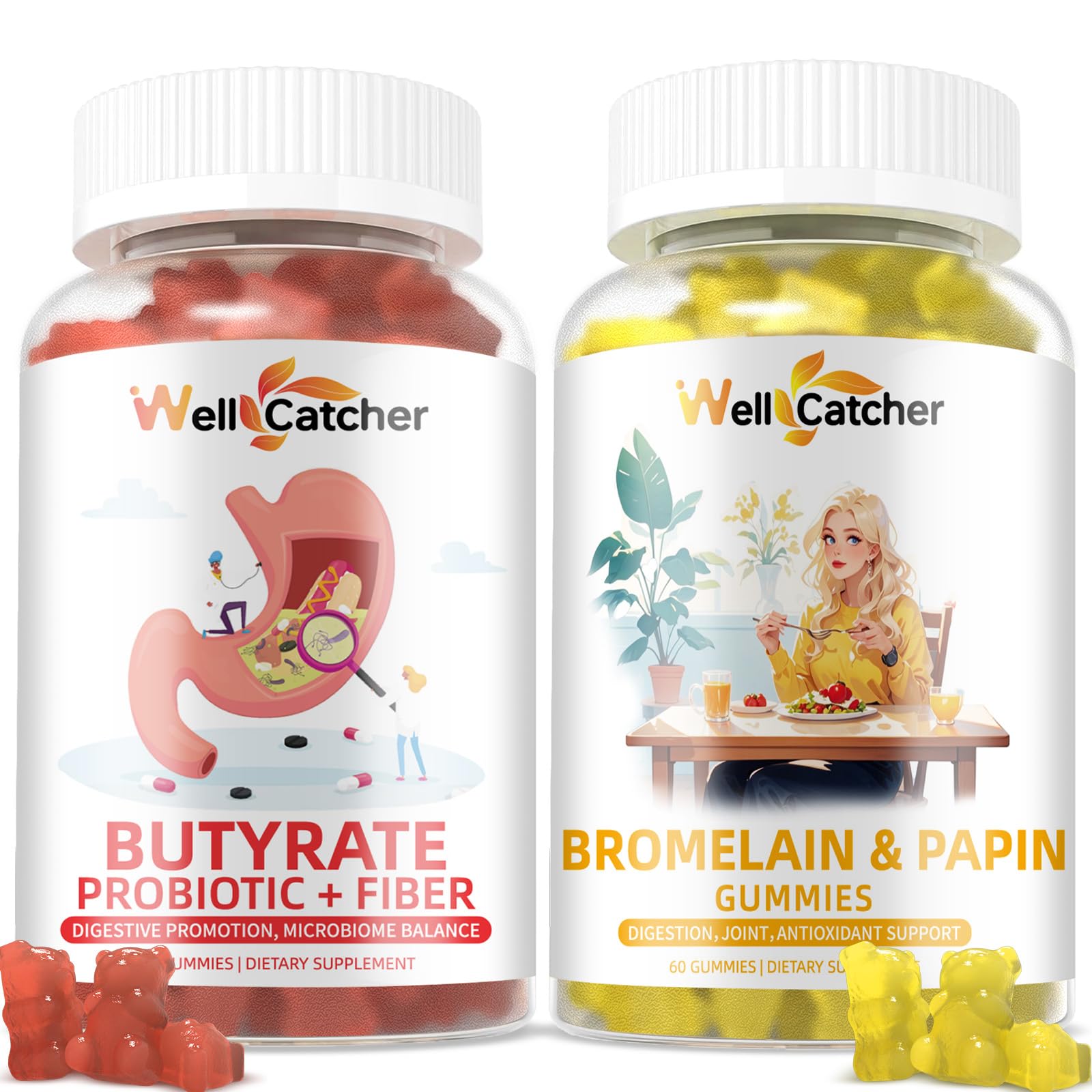 Wellcatcher Gut Health Gummies, Bromelain Papain Enzyme & Butyrate Gummies, 120 Count
