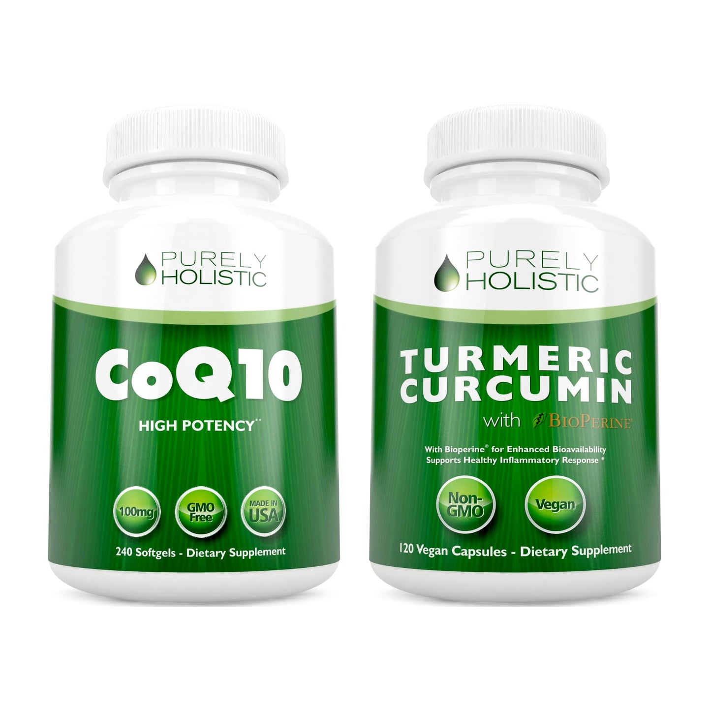 Purely Holistic CoQ10 100mg + Organic Turmeric Curcumin 700mg with Bioperine Black Pepper, Capsules & Softgels, 120 Softgels & 120 Capsules