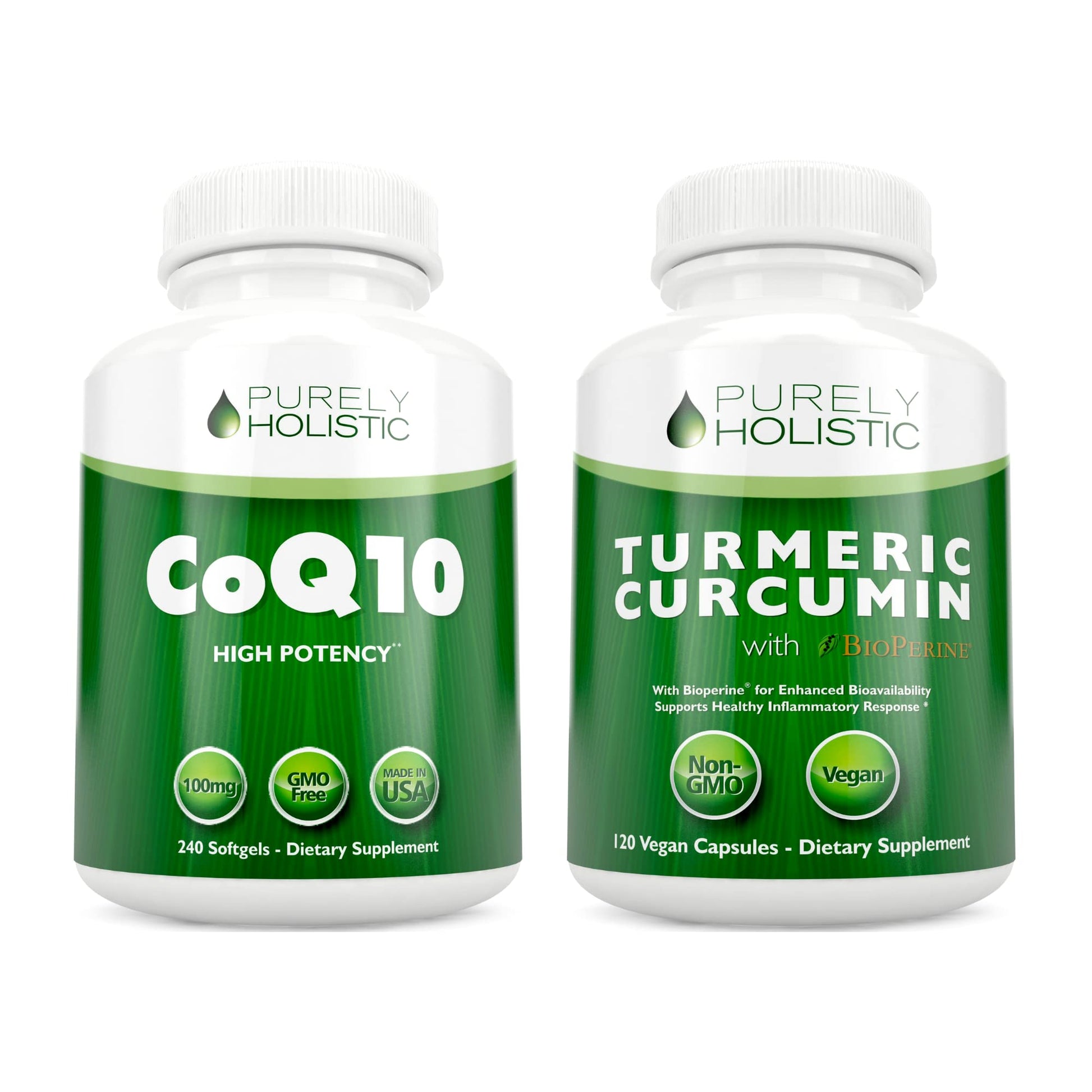 Purely Holistic CoQ10 100mg + Organic Turmeric Curcumin 700mg with Bioperine Black Pepper, Capsules & Softgels, 120 Softgels & 120 Capsules