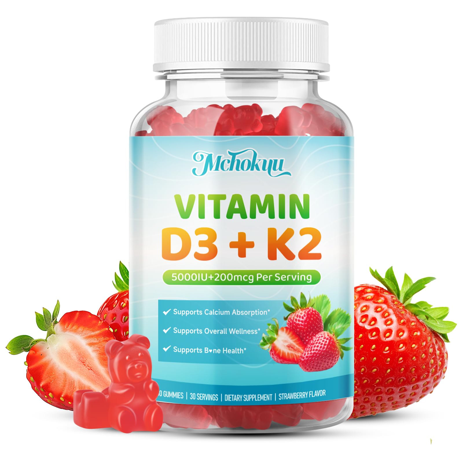 Mchokuu Vitamin D3 K2 Gummies with Calcium – Bone & Immune Support, 60 Gummies
