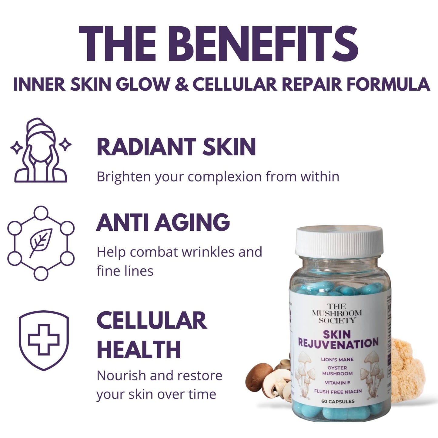 The Mushroom Society Skin Rejuvenation Supplement - Inner Skin Glow & Cellular Repair Formula, 120 Capsules