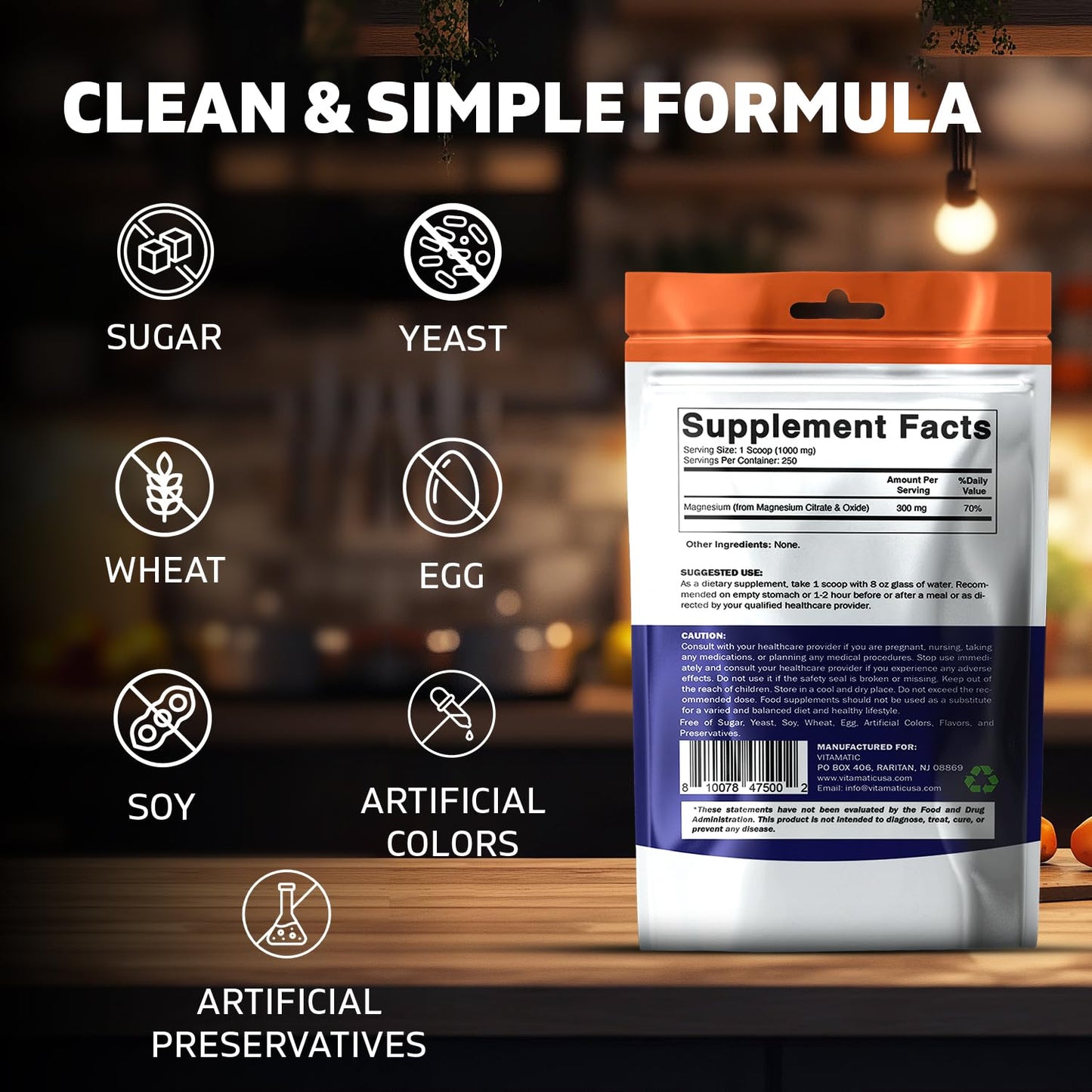 Vitamatic Magnesium Citrate 1000mg Powder, 8.8 oz, 250 Servings, Supports Muscle, Joint, and Heart Health