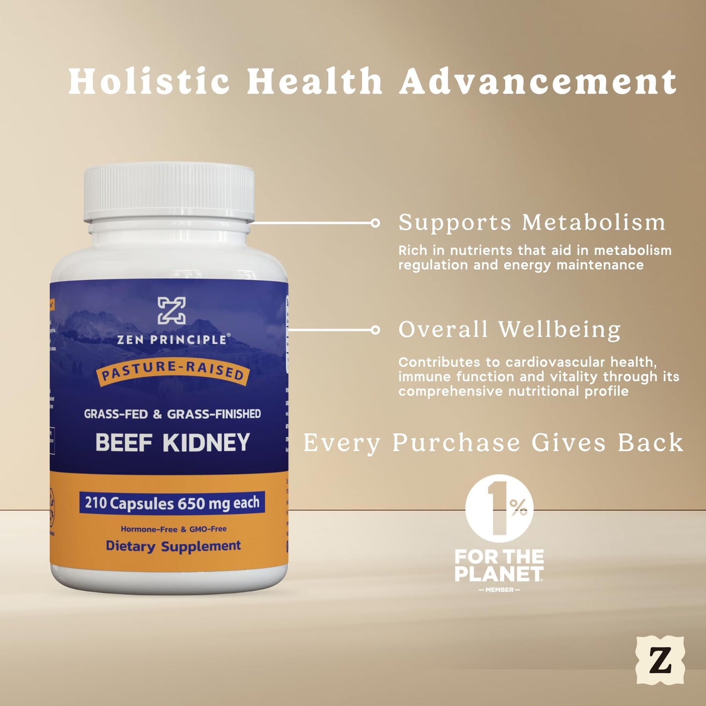 Zen Principle Grass Fed Beef Kidney Supplement Capsules, 210 Count