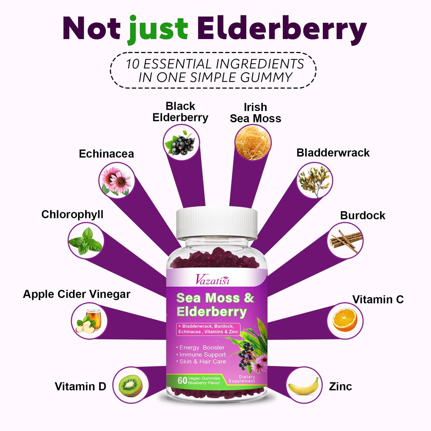 Vazatisi Elderberry Gummies with Sea Moss, Extra Strength Elderberry with Vitamin C, Zinc for Immune Support, Blueberry Flavor, 120 Gummies