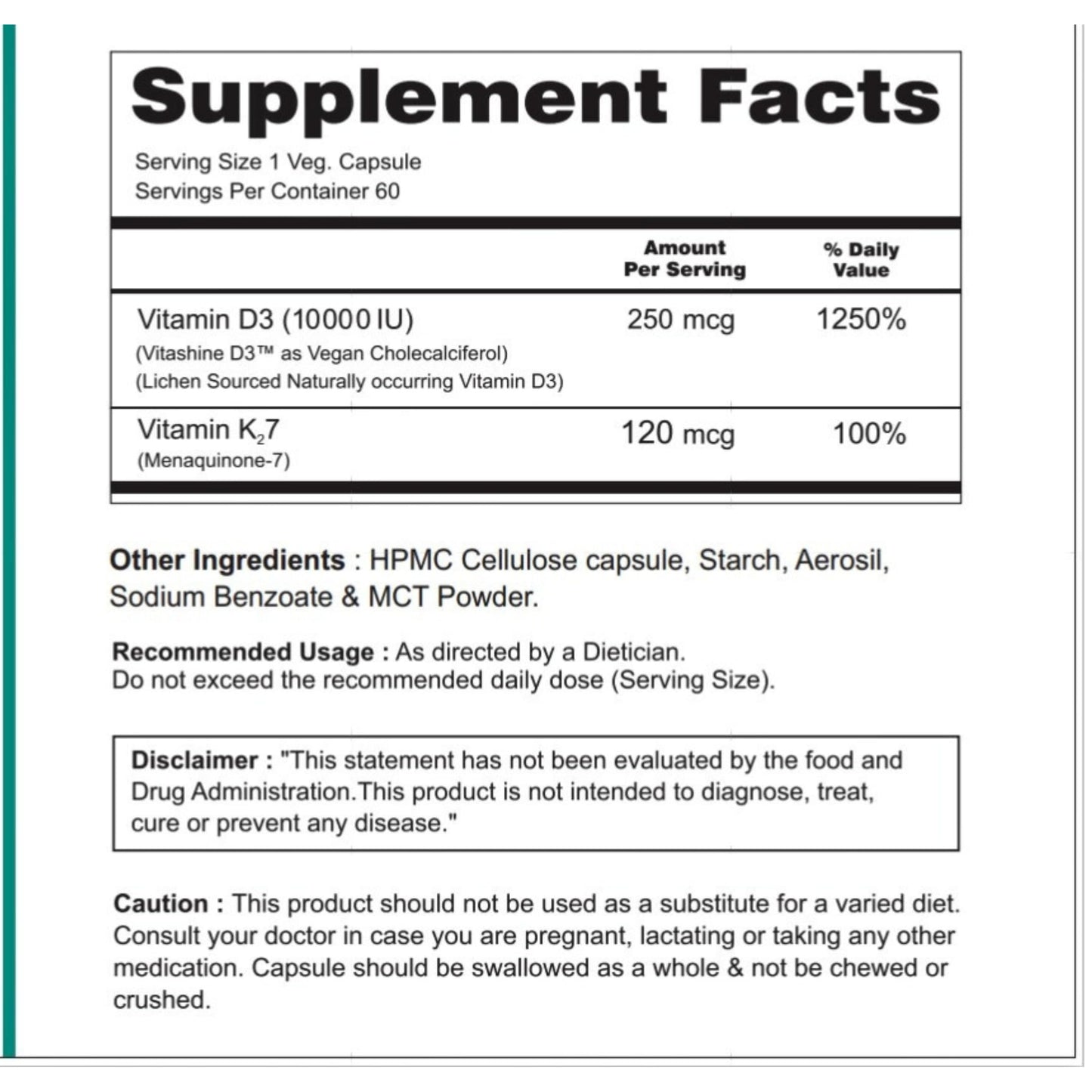 Zynano Vegan Vitamin D3 10000 IU & Vitamin K2 120 mcg with MCT Powder Capsules, 60 Count