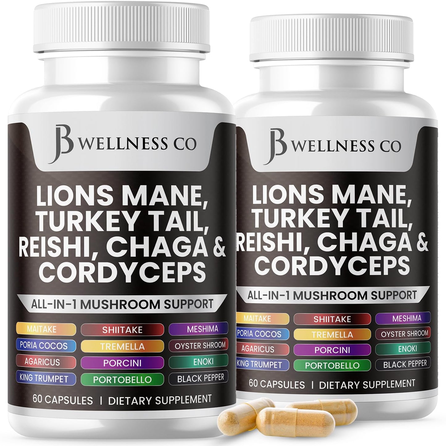 JB Wellness Co Lions Mane Supplement Cognitive Support, Immune Health with Turkey Tail 20in1 Mushroom Reishi Cordyceps Chaga with Marshmallow Root Capsules 120