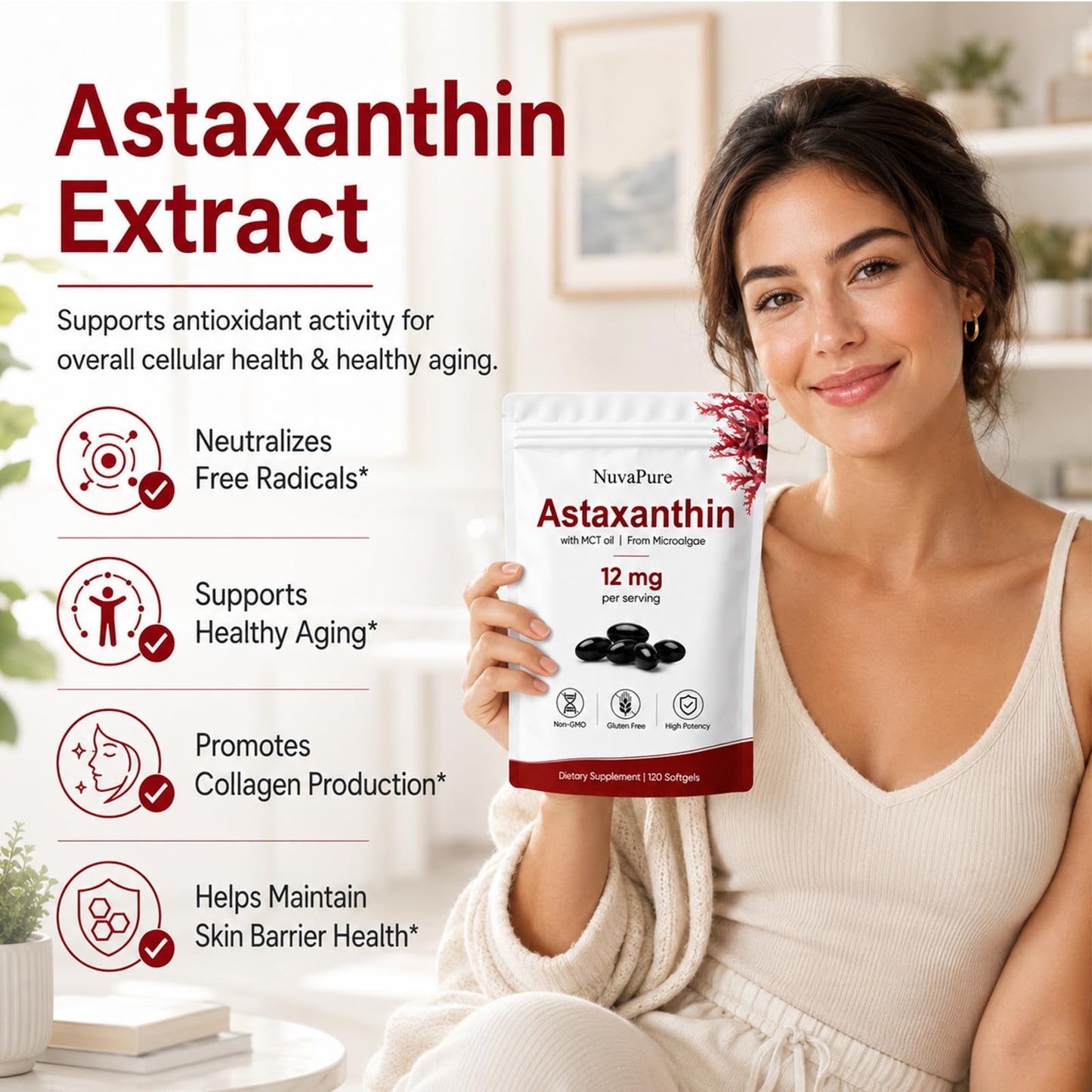 PlocoXe NuvaPure Astaxanthin 12mg Softgel Capsules with MCT Oil, 120 Count