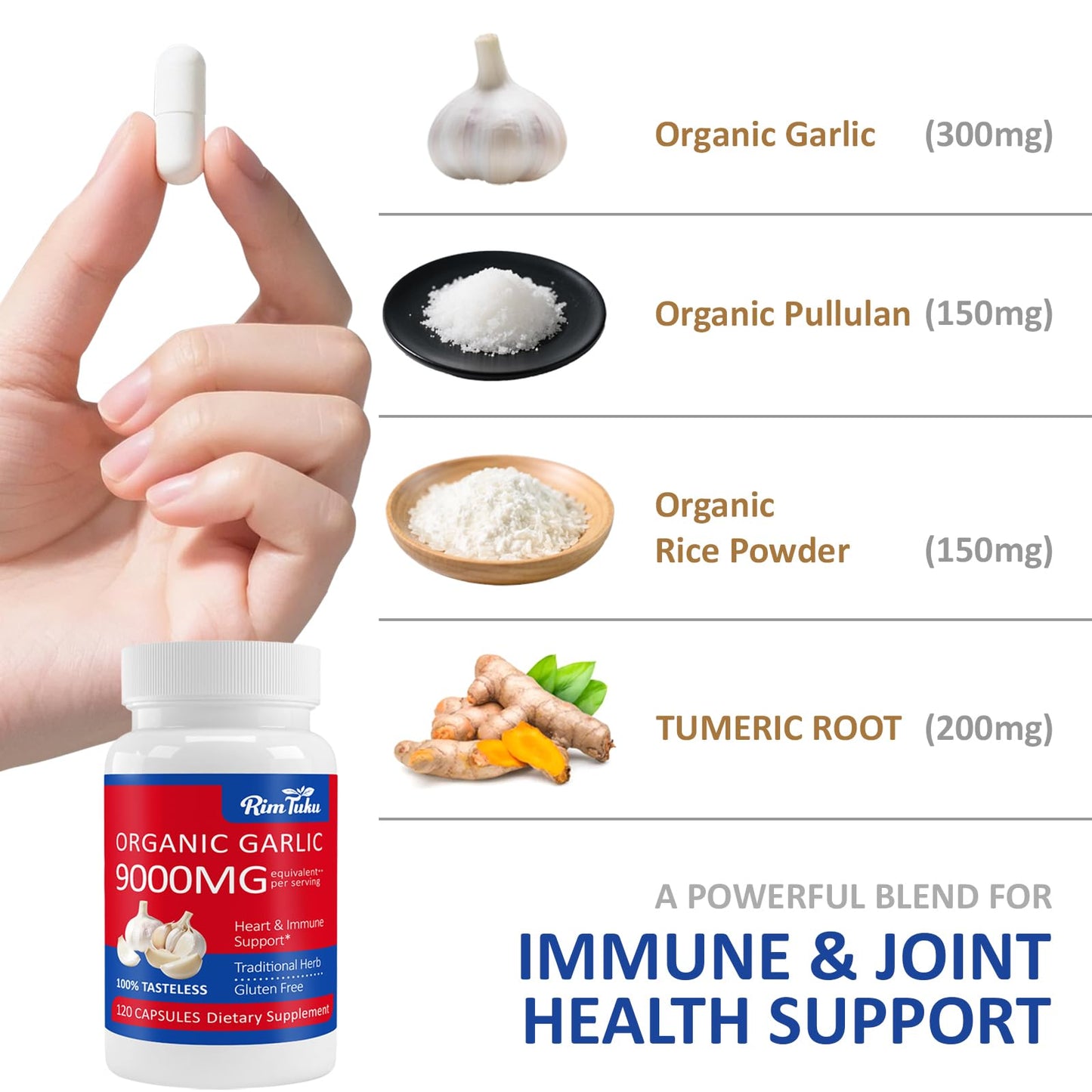 RimTuku Aged Garlic Extract Organic 9000mg Garlic Supplement Powder 30:1 Extract Formula with Alliin Purity 99%+, Selenium, Iron, Zinc, and Manganese Capsules, 120 Count