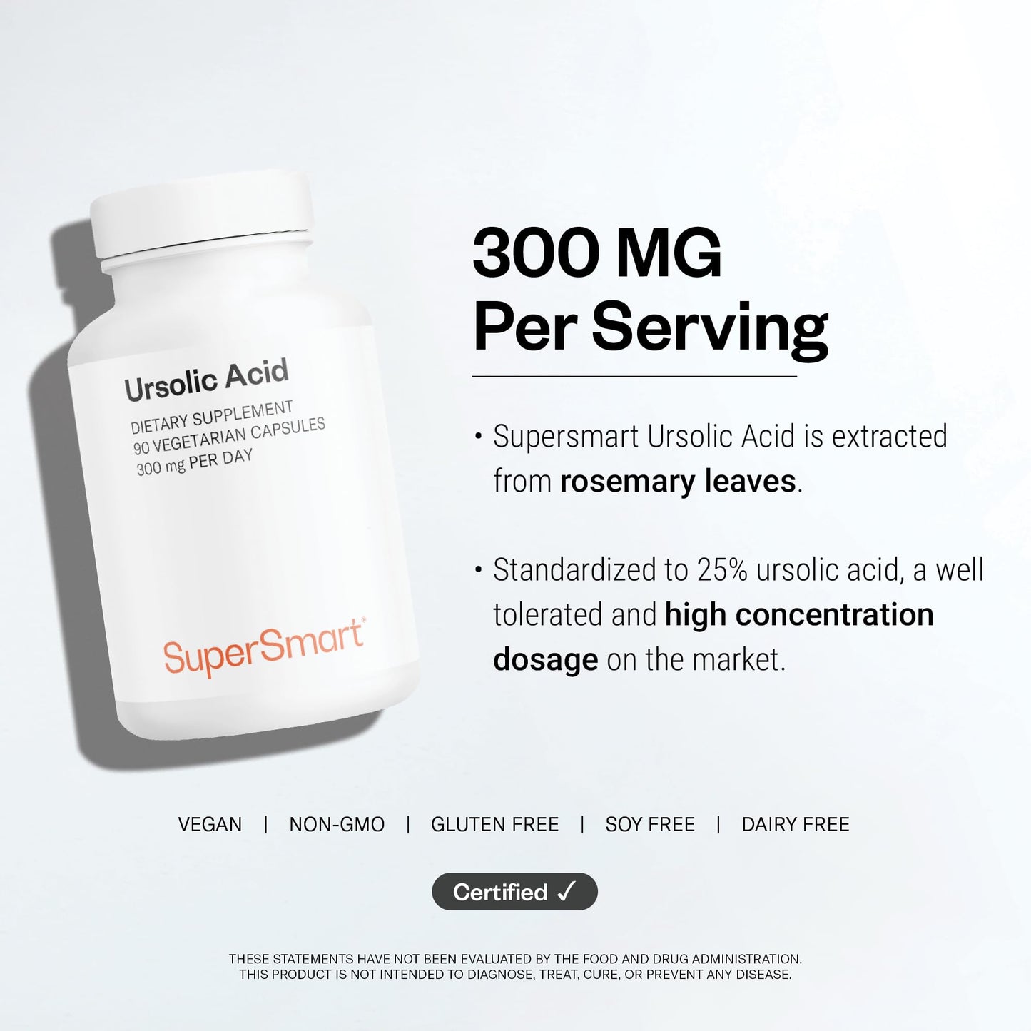 Supersmart Ursolic Acid 300mg per Day with Rosemary Leaf Extract, 90 Vegetarian Capsules