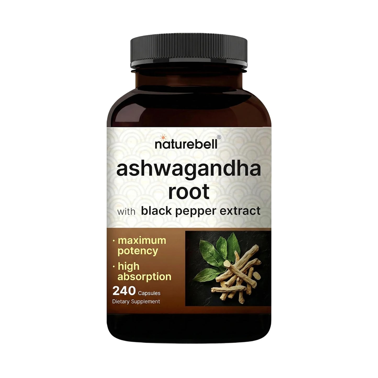 NatureBell Ashwagandha Root with Black Pepper Extract Capsules 240 Count