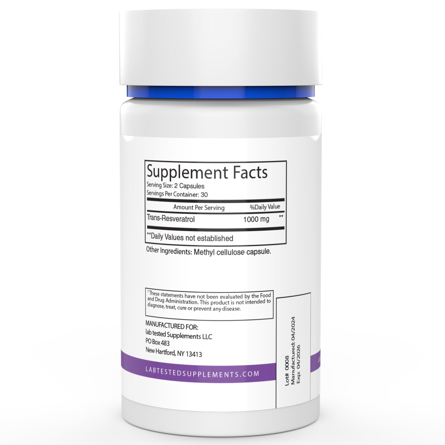 Lab Tested Supplements Trans-Resveratrol 500mg Capsules, 60 Count