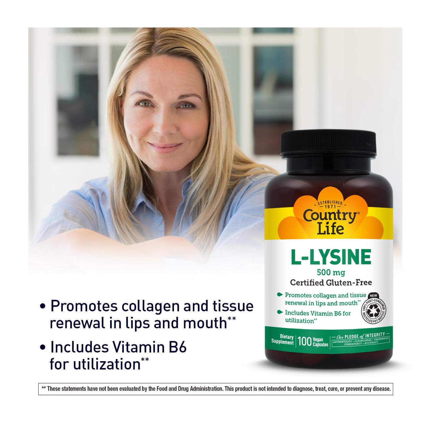 Country Life L-Lysine 500mg with B-6 Capsules, 100 Capsules