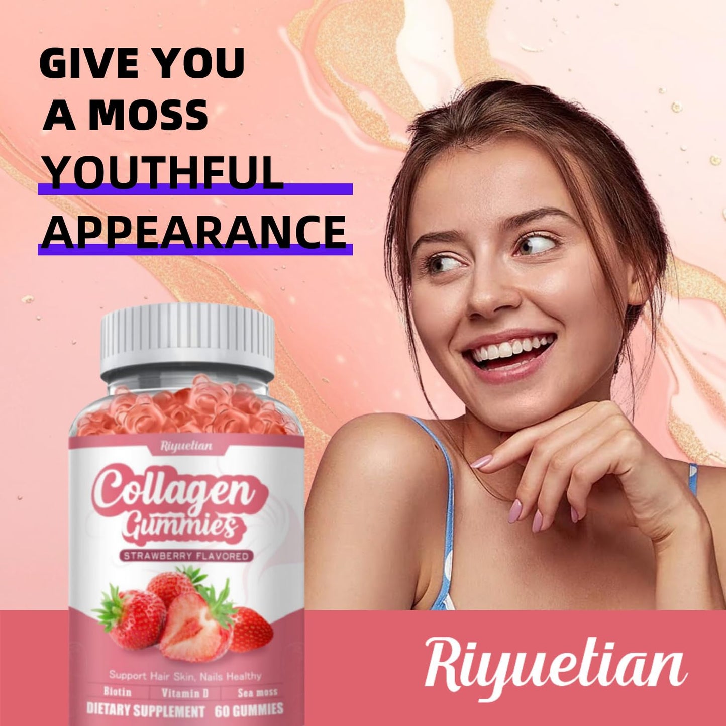 Riyuetian Gummy Collagen with Biotin - Hydrolyzed Collagen Peptides for Healthy Skin, Nails & Hair, Gluten Free & Non-GMO, 120 Gummies