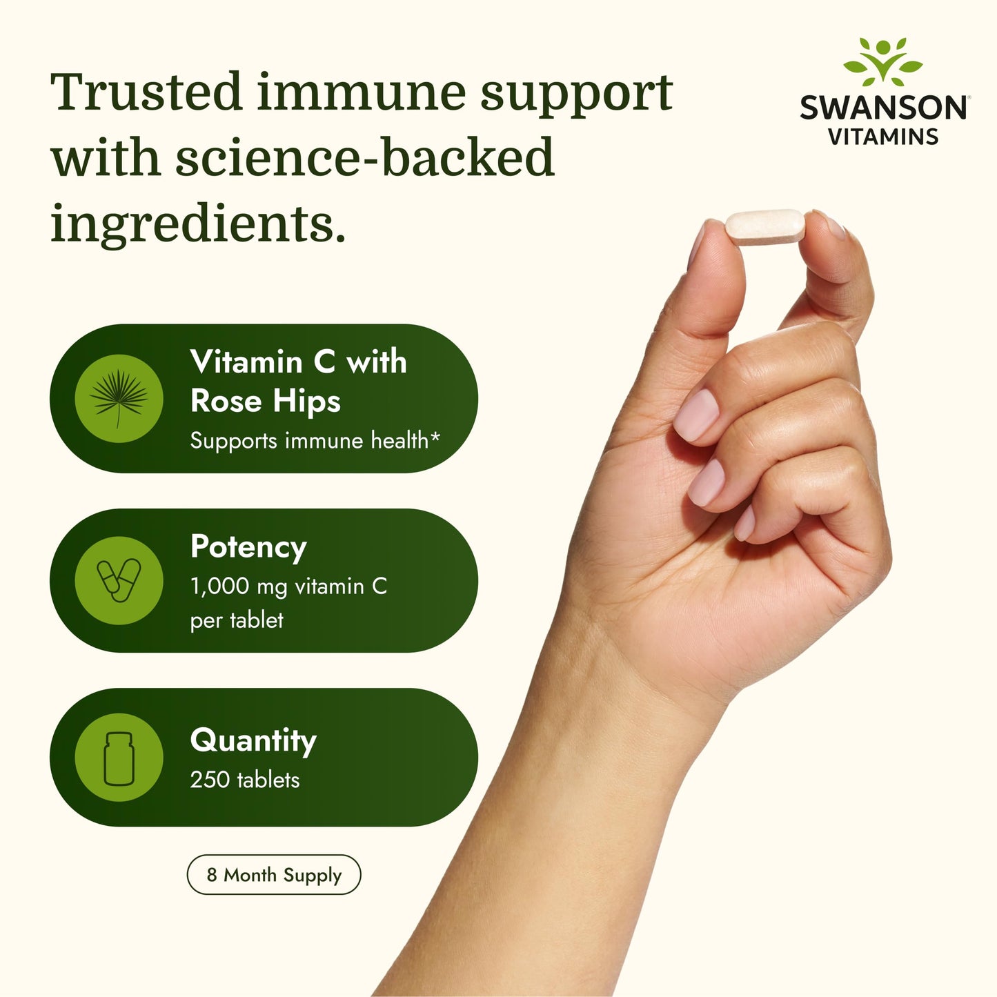 Swanson Vitamin C with Rose Hips Timed-Release Tablets Immune System Support Skin Cardiovascular Health Antioxidant Supplement, 250 Tablets