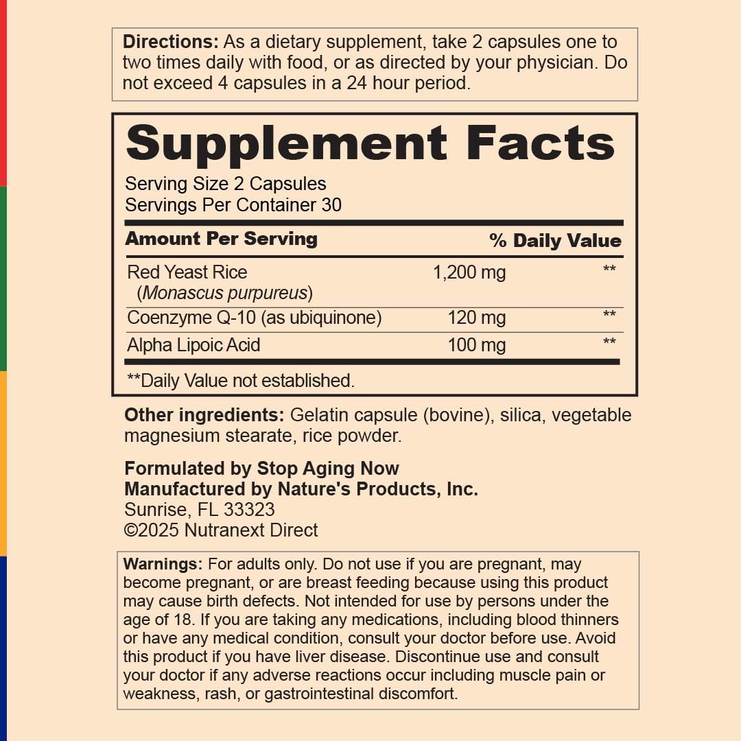 Stop Aging Now Red-Q10 CoQ10 Supplement with Red Yeast Rice & Alpha Lipoic Acid, 60 Capsules