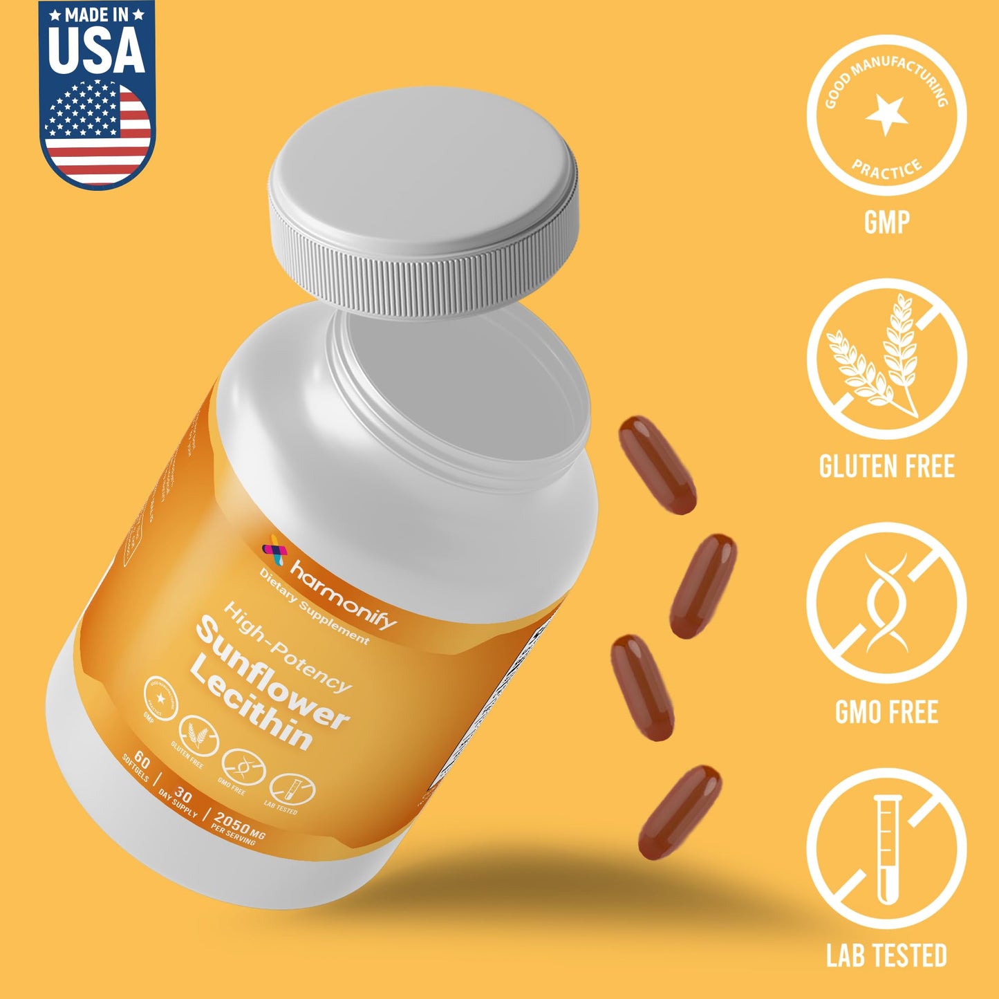 HARMONIFY Sunflower Lecithin Wellness Supplement 2050 mg High-Potency, Non-GMO & Gluten-Free, 60 Softgels
