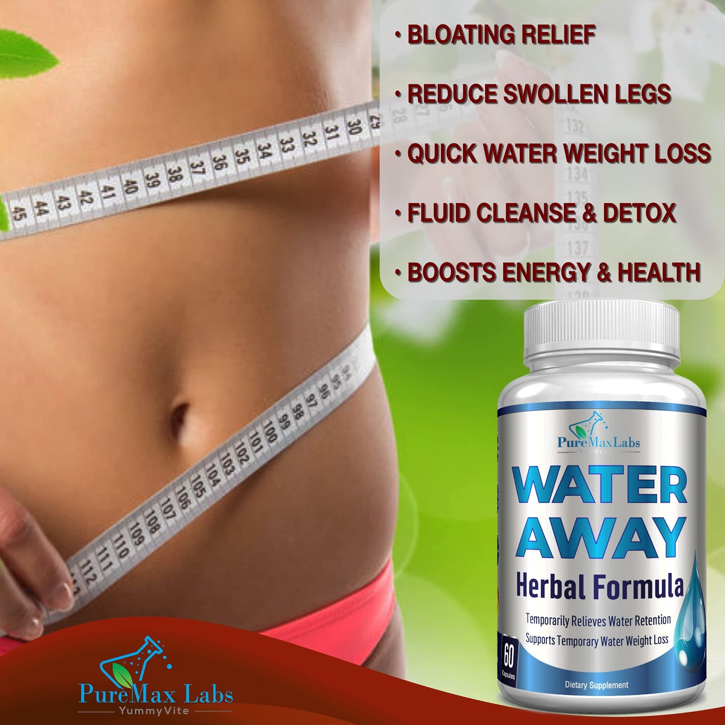 YUMMYVITE Water Away Gentle Herbal Diuretic Capsules, 60 Count