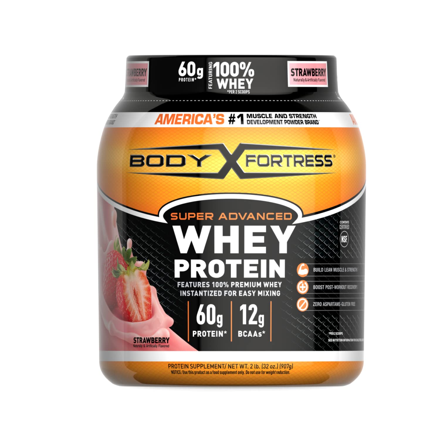 Body Fortress Whey Protein Powder 32 Servings Strawberry Flavored, Gluten Free, 2 Lbs