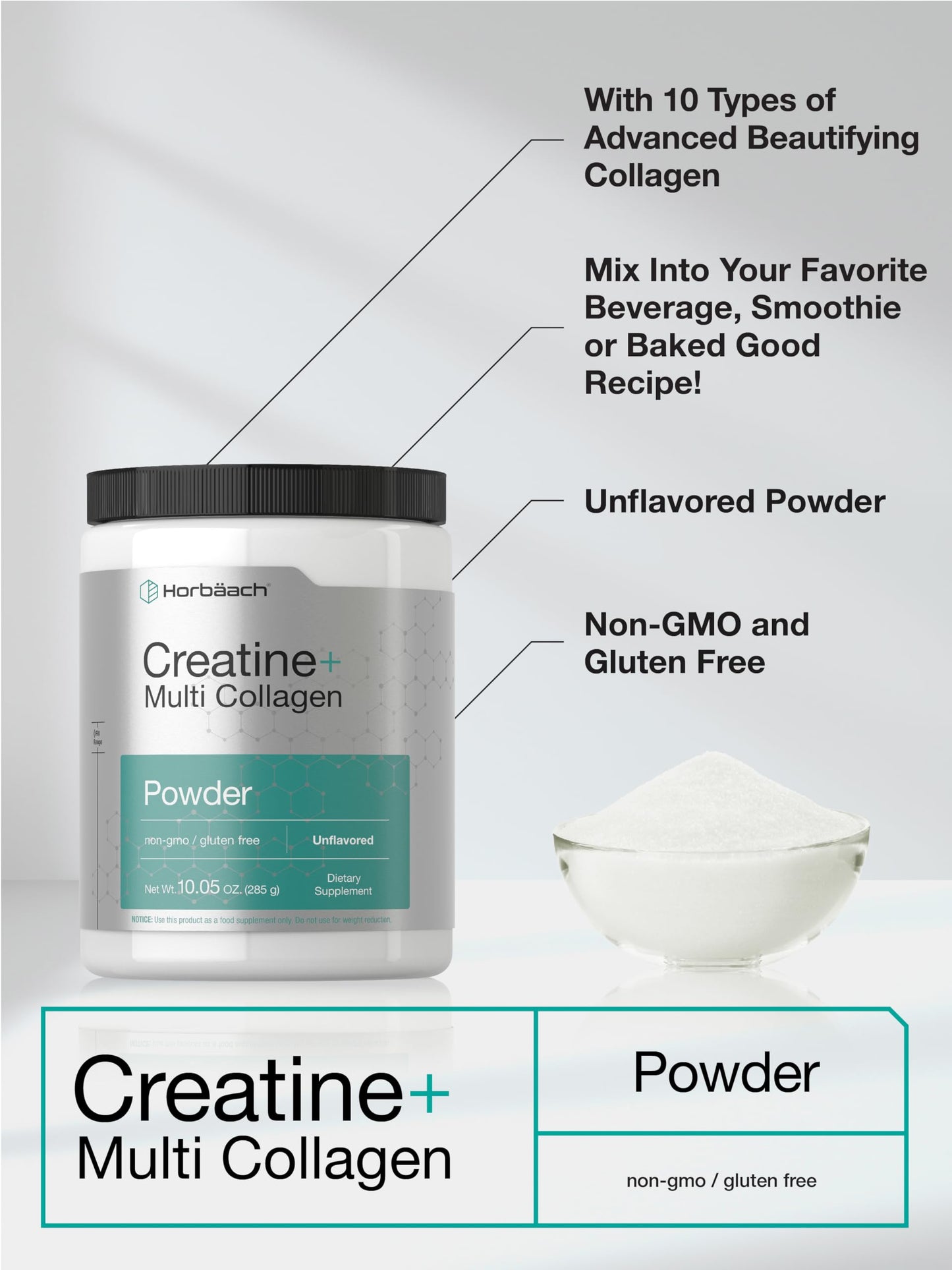 Horbäach Creatine Monohydrate Powder with Collagen and L-Taurine 10.05 oz