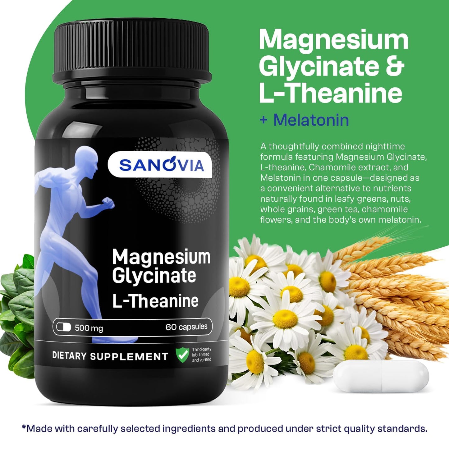 SANOVIA Magnesium Glycinate Sleep Support Supplement with L-Theanine, Chamomile & Melatonin, 60 Capsules