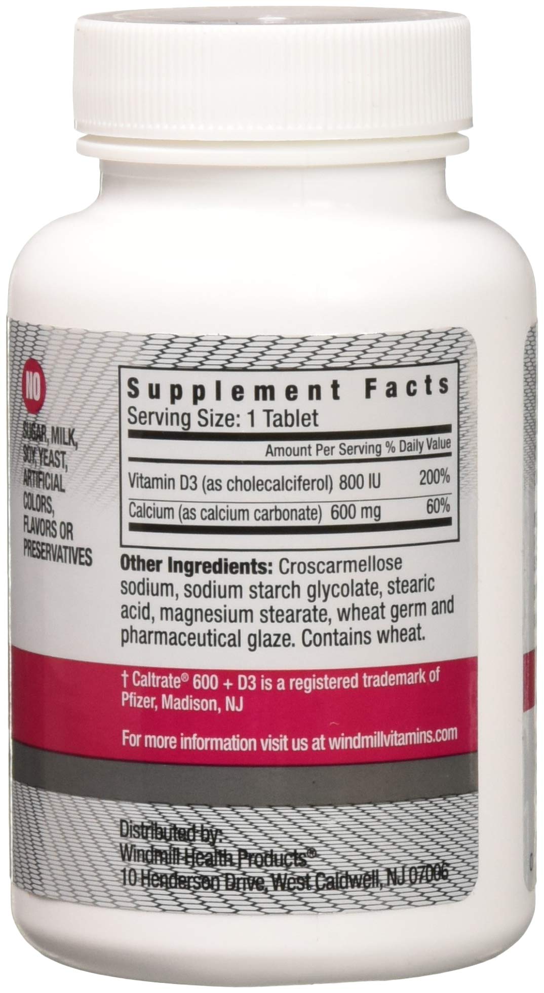 Windmill Calcium Carbonate 600 mg Plus D Tablets, 60 Count