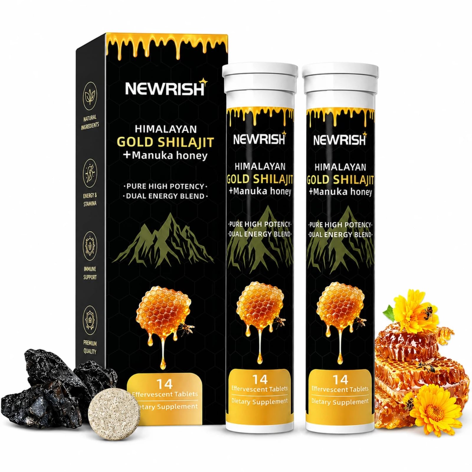 Newrish Shilajit Effervescent Tablets with Ashwagandha, Gokshura, Himalayan Shilajit, Fulvic Acid & 85+ Trace Minerals, Non-GMO, No Added Sugar, 28 Count
