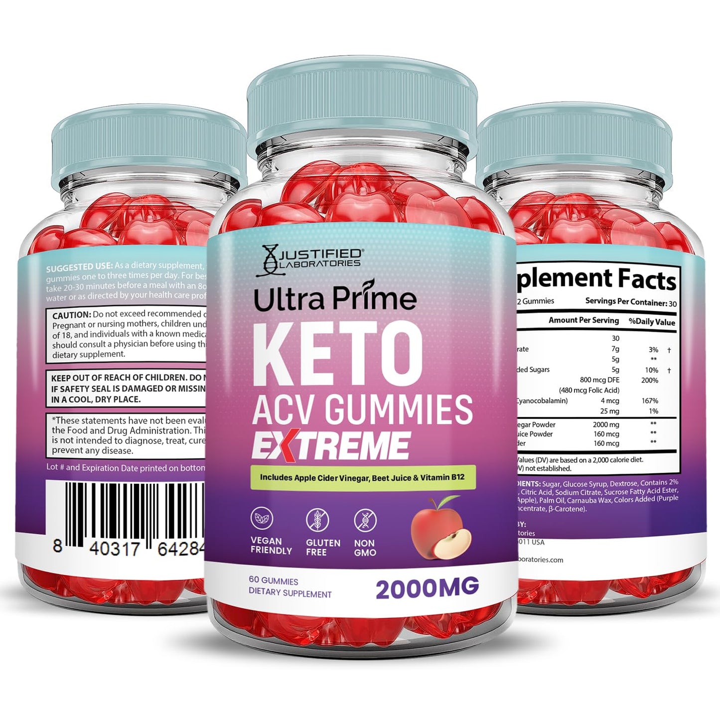 Justified Laboratories Ultra Prime Keto ACV Gummies Apple Cider Vinegar, 300 Gummies