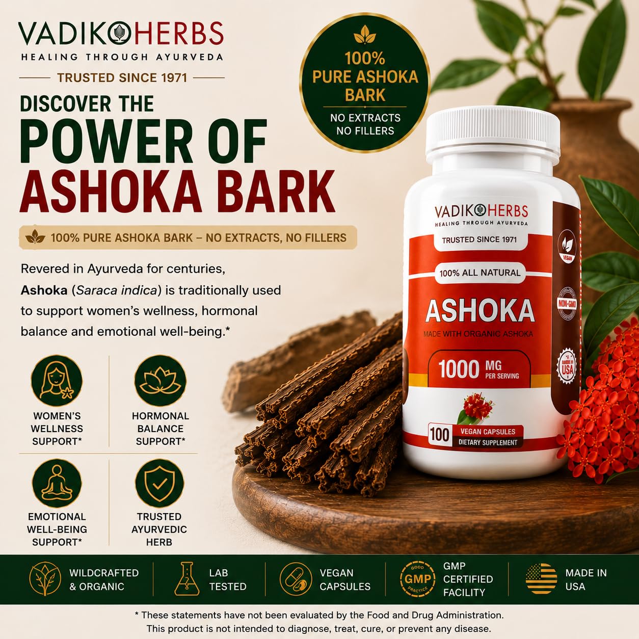 Vadik Herbs Ashoka Bark Capsules, 100 Vegicaps