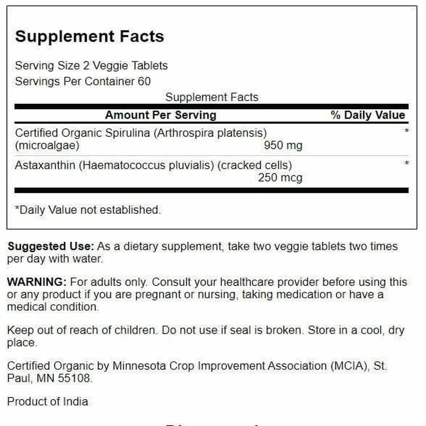 Swanson Organic Spirulina & Astaxanthin Vegetarian Tablets, 120 Count