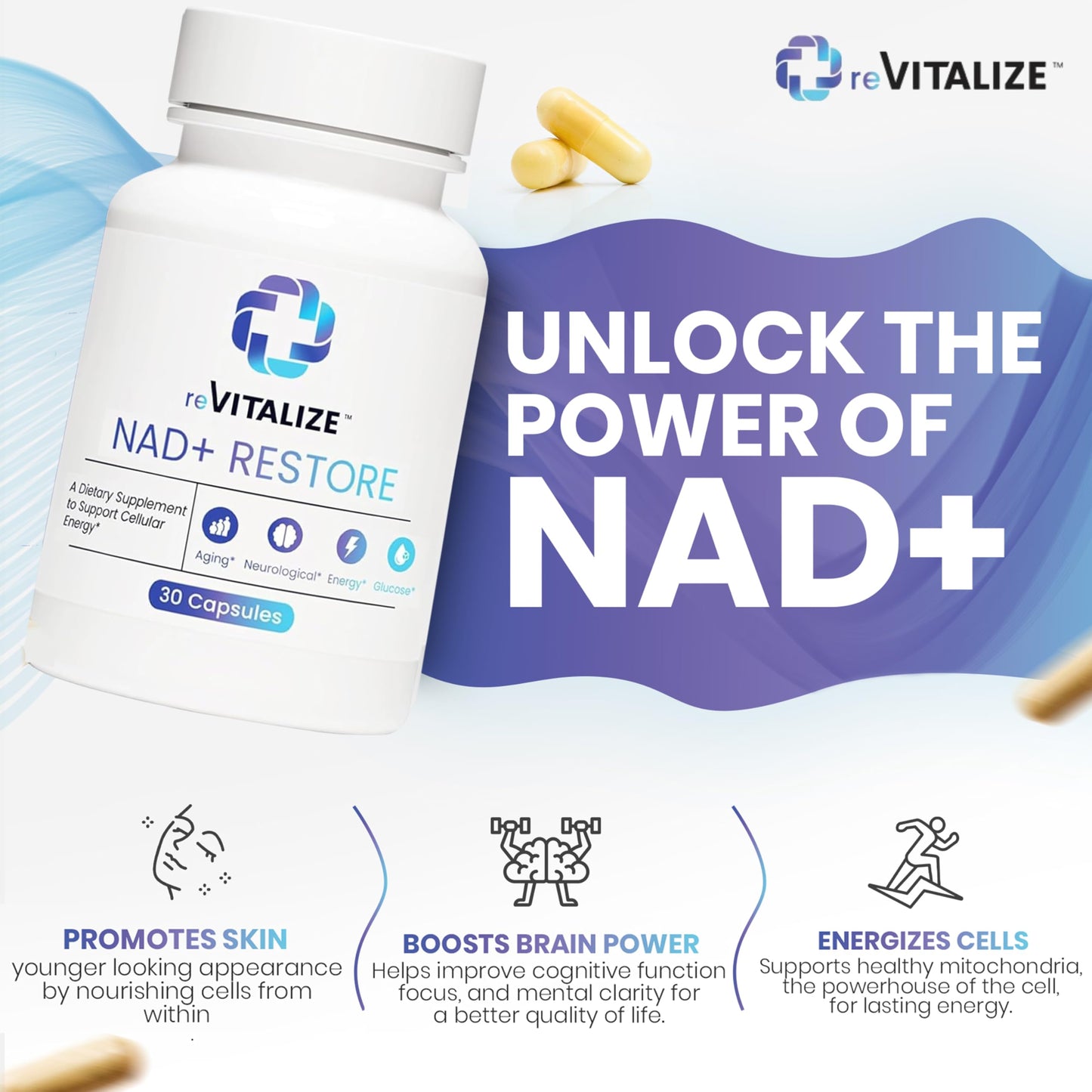 REVITALIZE NAD+ Supplement 750mg Nicotinamide Riboside Capsule, 30 Count