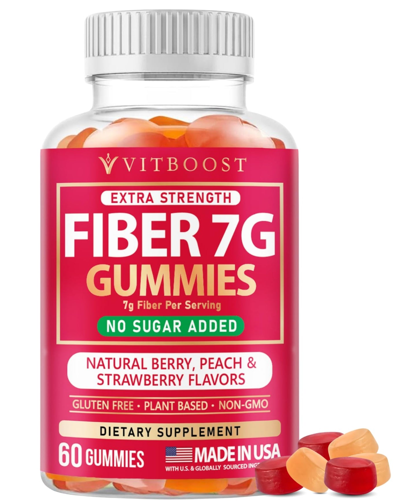 VITBOOST Fiber Gummies for Adults 7g Digestive Health & Regularity, 60 Gummies