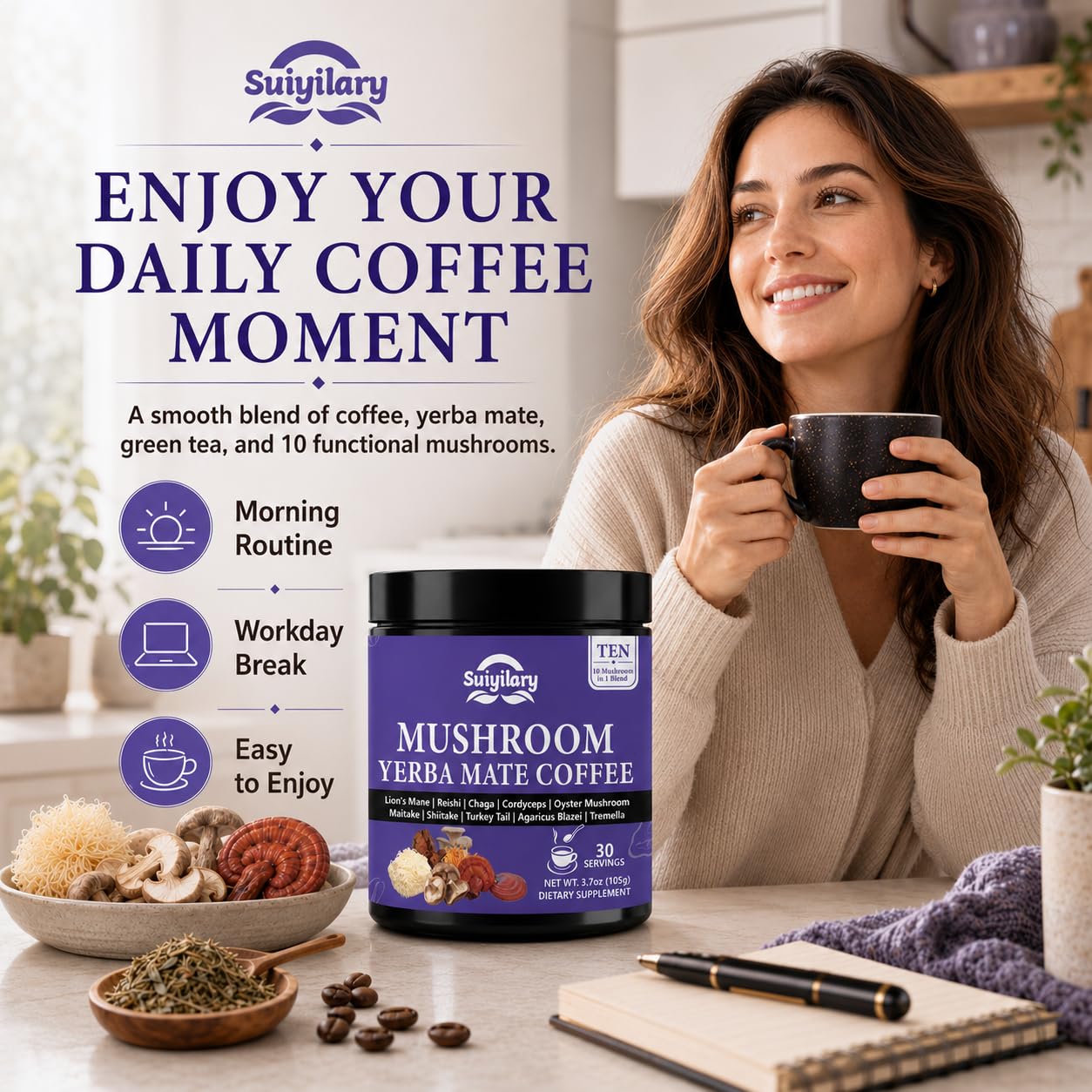 Suiyilary 10 Mushroom Coffee with Arabica, Lion's Mane, Yerba Mate Powder, 3.7 oz, 30 Servings