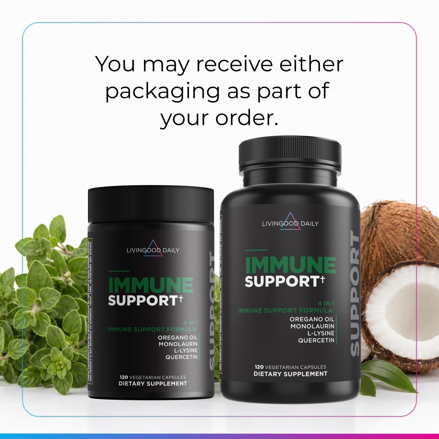 Livingood Daily Immune Support Supplement, 4-in-1 Formula with Oregano Oil, Monolaurin, L Lysine & Quercetin, Gut & Digestive Health, 120 Capsules