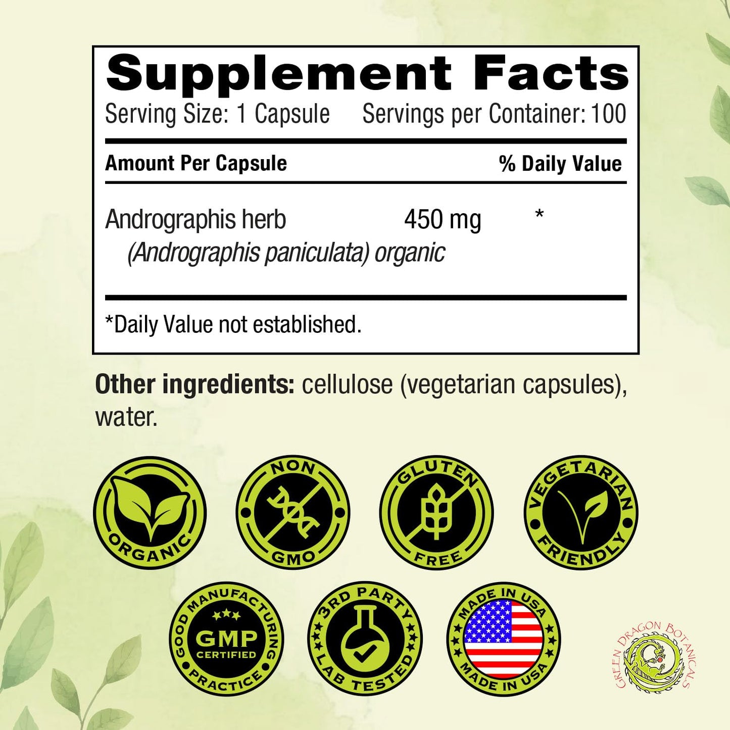 Green Dragon Botanicals Andrographis Capsules 100 Count