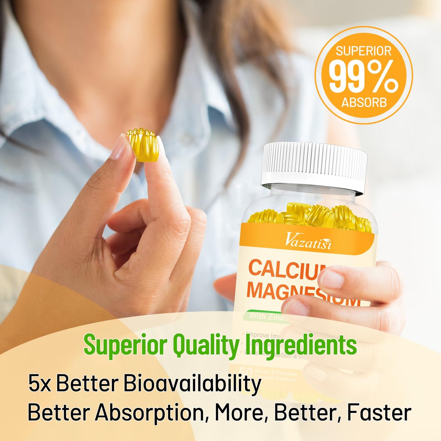 Vazatisi Calcium Magnesium Zinc Gummies with Vitamin D3 and K2, High Absorption Magnesium Glycinate Potassium for Immune Support and Calm Mood, Vegan Mango Pineapple Flavor, 120 Gummies