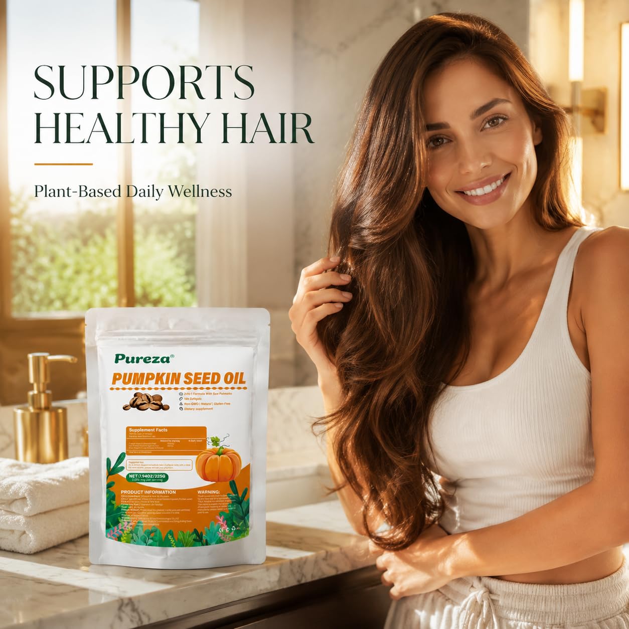 Pureza 2-in-1 Pumpkin Seed Oil Capsules 3000mg with Saw Palmetto Softgels, Plant-Based Formula, Supports Hair Growth, Hormonal Balance, Bladder Comfort & Restful Sleep, 2 Capsules