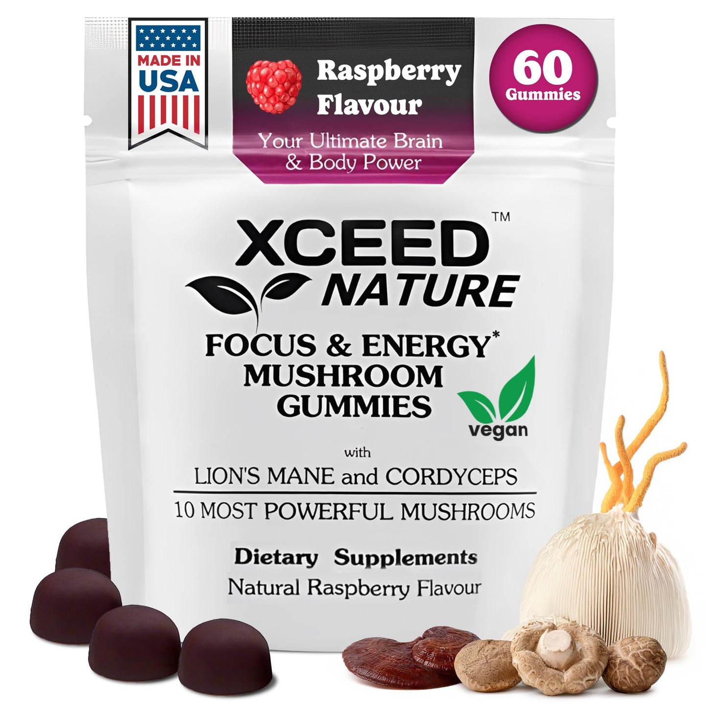 XCEED NATURE Lions Mane & Cordyceps Mushroom Gummies (Gummy) 60 Count