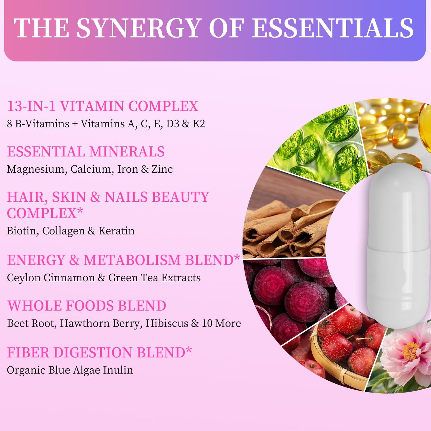 Koltyrine Women's Multivitamin 13-in-1 Complex with Biotin, Collagen & Keratin, Vitamins A, B Complex, C, D3, E & K2 Hair, Skin, Nails & Energy Support, 60 Capsules